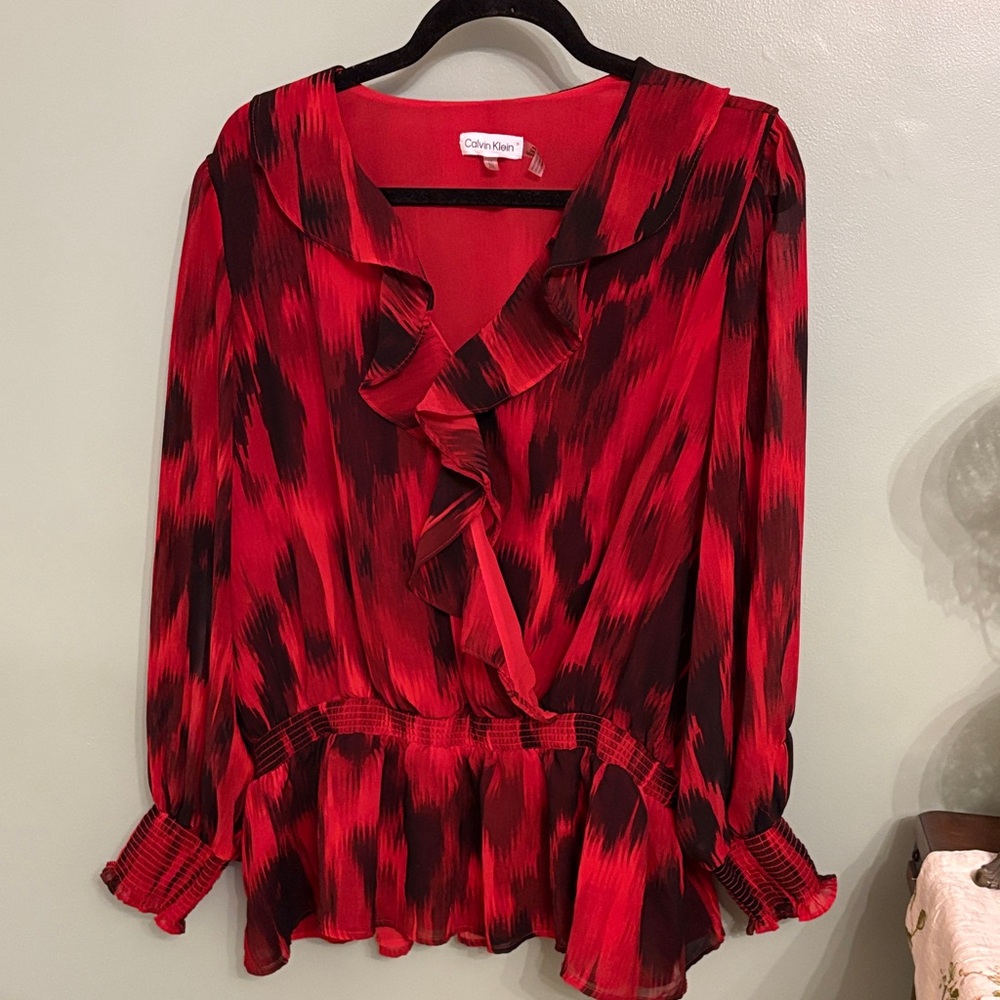 Calvin Klein Red and Black Ruffle Blouse